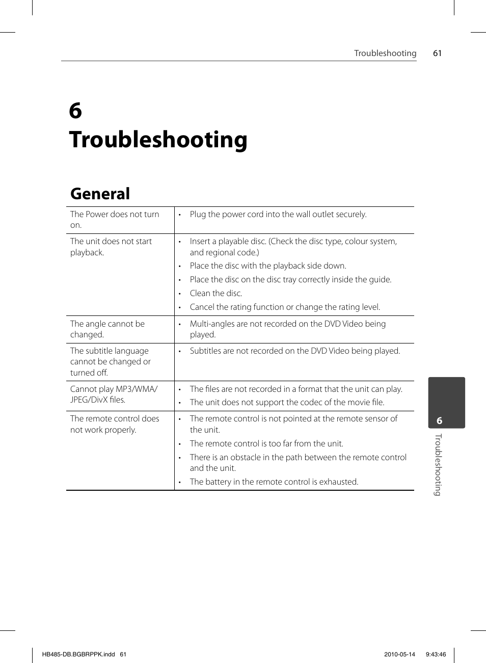 6 troubleshooting, General | Pioneer BCS-FS505 User Manual | Page 61 / 76