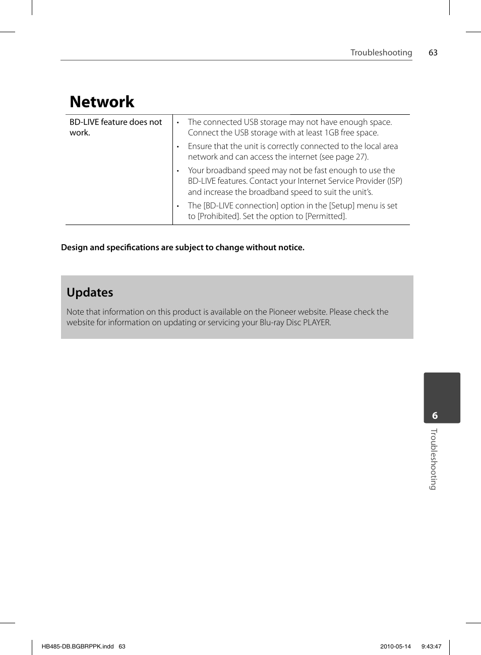 Network, Updates | Pioneer BCS-FS505 User Manual | Page 63 / 76