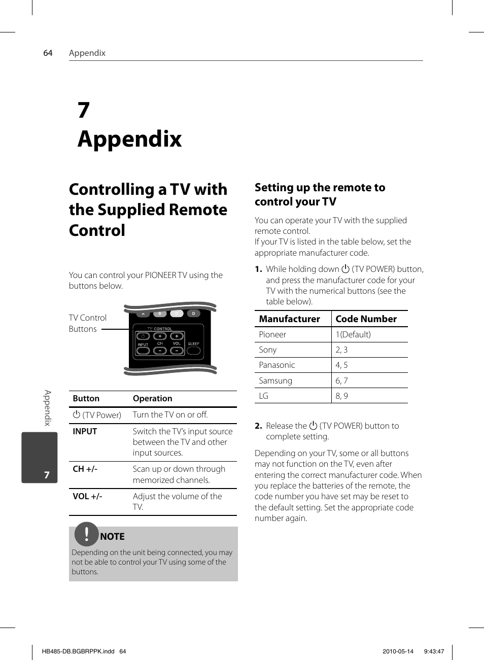 7 appendix, Controlling a tv with the supplied remote control, Setting up the remote to control your tv | Pioneer BCS-FS505 User Manual | Page 64 / 76