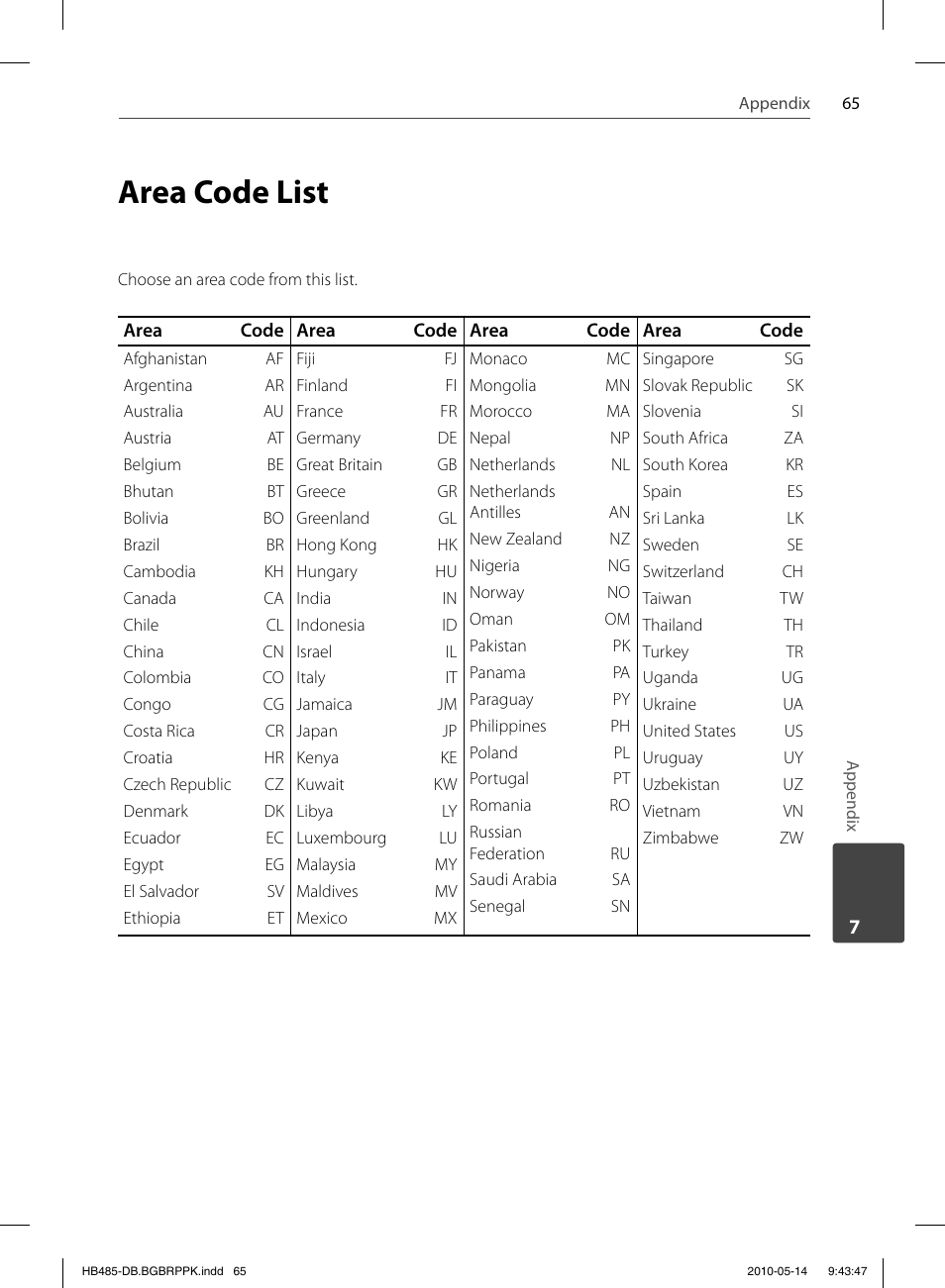 Area code list | Pioneer BCS-FS505 User Manual | Page 65 / 76