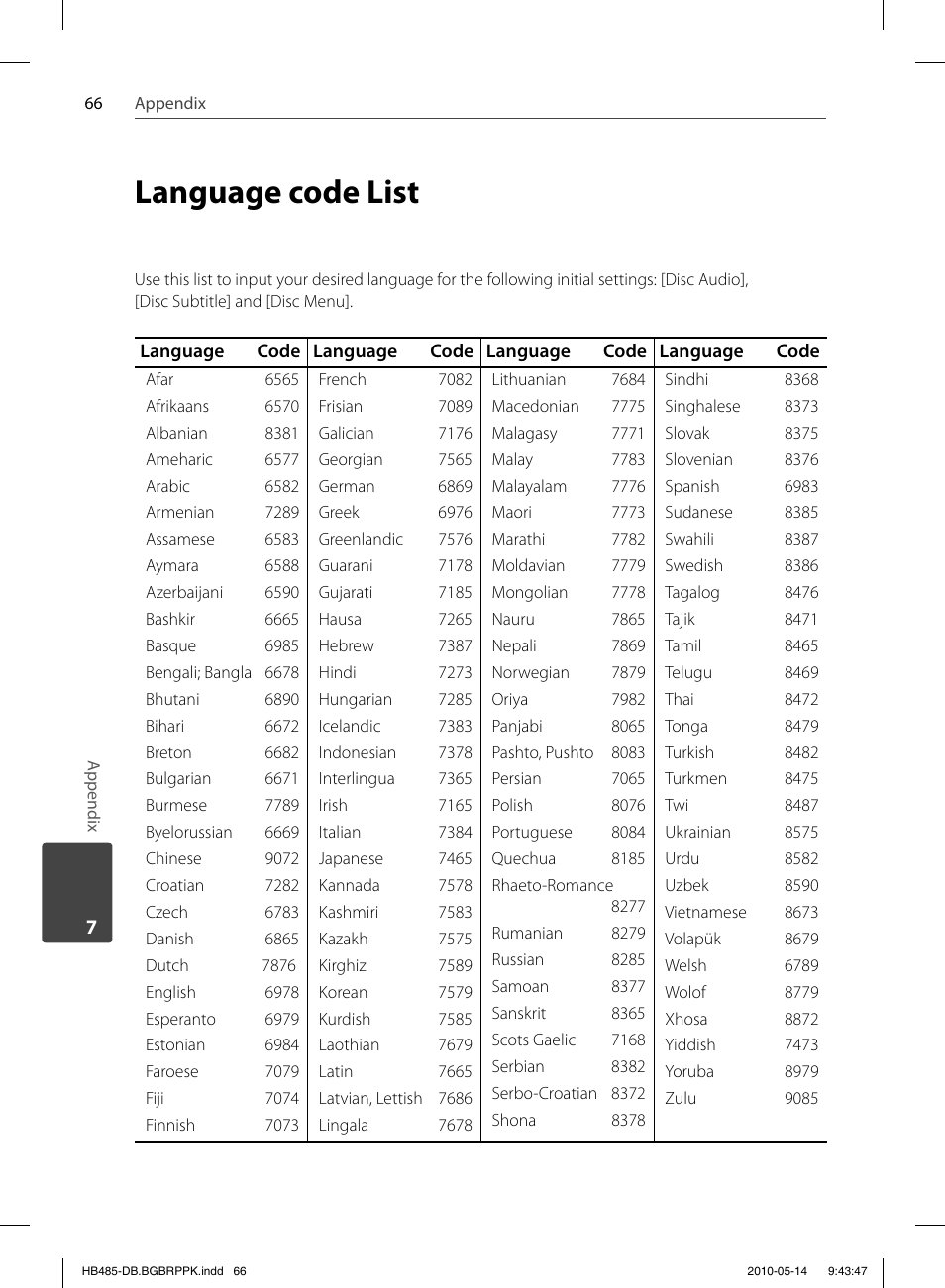 Language code list | Pioneer BCS-FS505 User Manual | Page 66 / 76