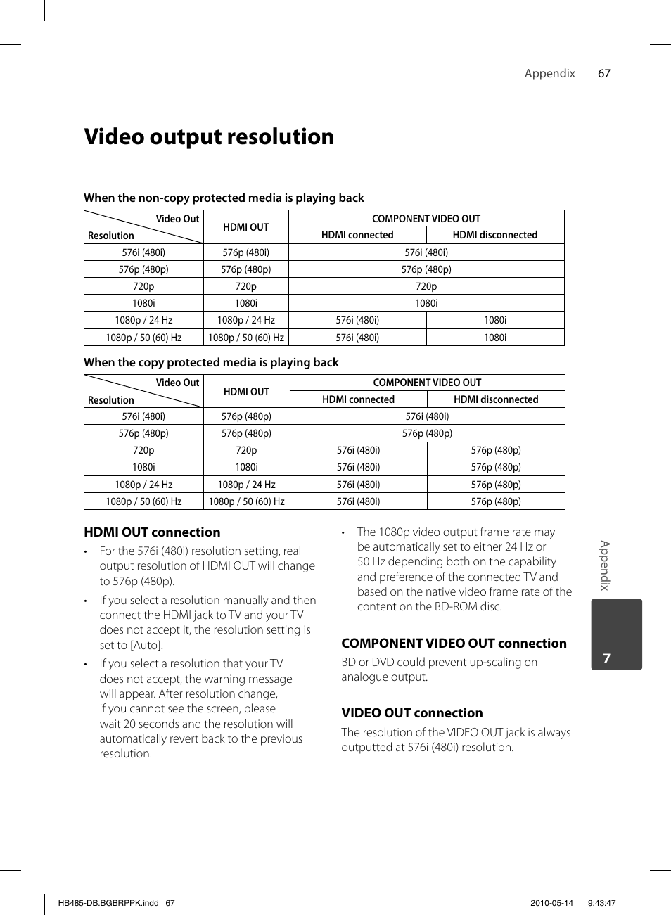 Video output resolution | Pioneer BCS-FS505 User Manual | Page 67 / 76