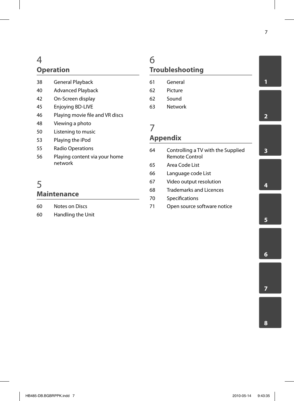 Operation, Maintenance, Troubleshooting | Appendix | Pioneer BCS-FS505 User Manual | Page 7 / 76