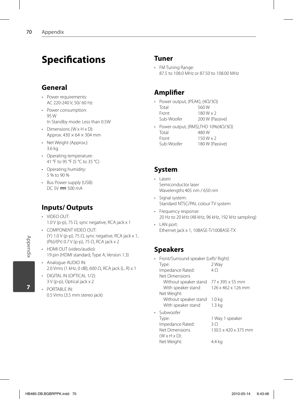 Specifi cations, General, Inputs/ outputs | Tuner, Amplifi er, System, Speakers | Pioneer BCS-FS505 User Manual | Page 70 / 76