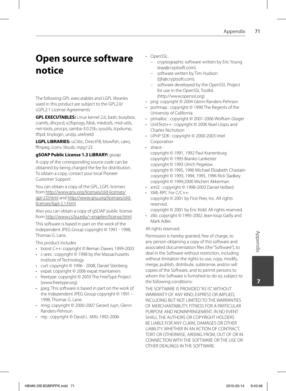 Open source software notice | Pioneer BCS-FS505 User Manual | Page 71 / 76