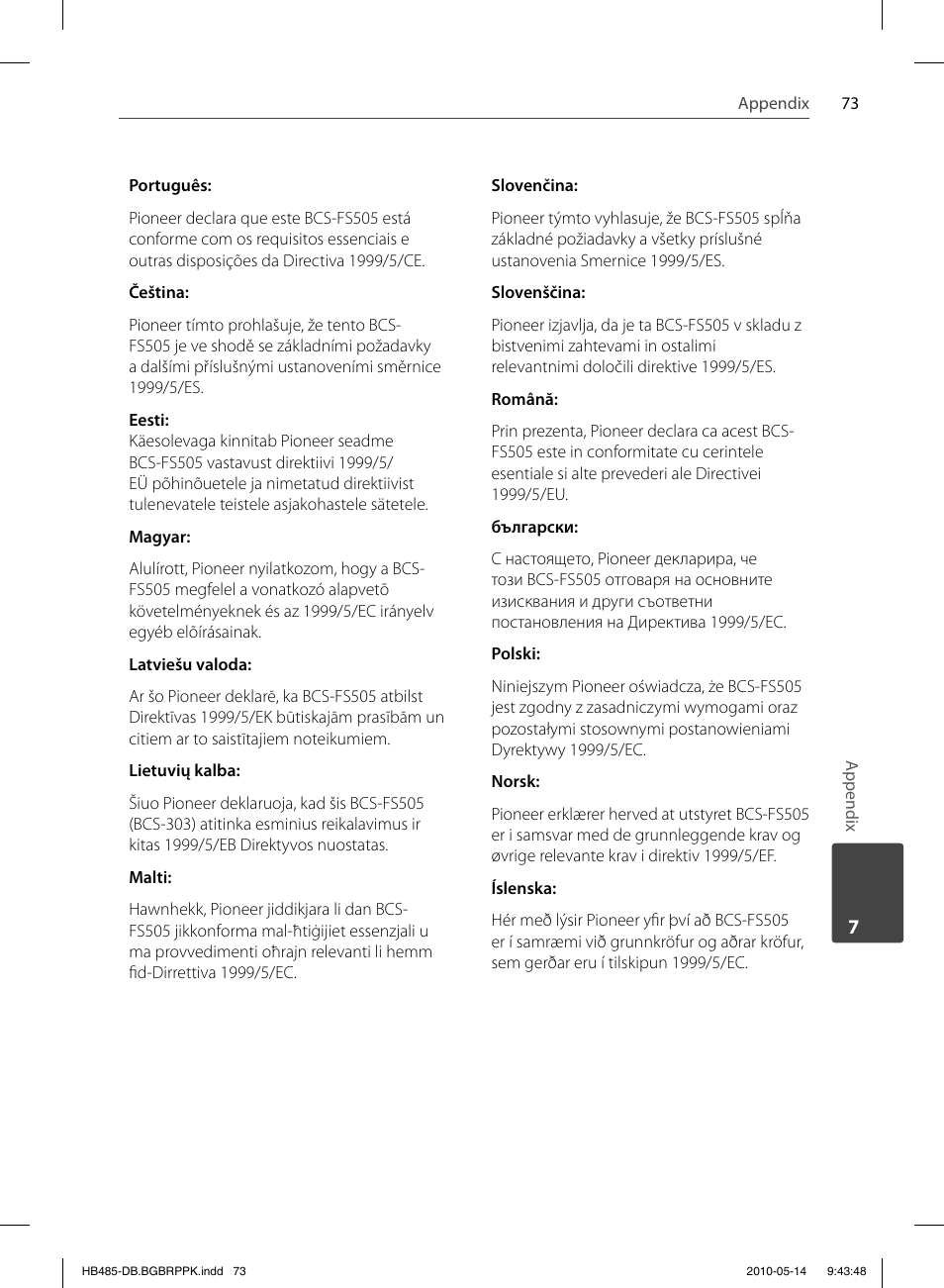 Pioneer BCS-FS505 User Manual | Page 73 / 76