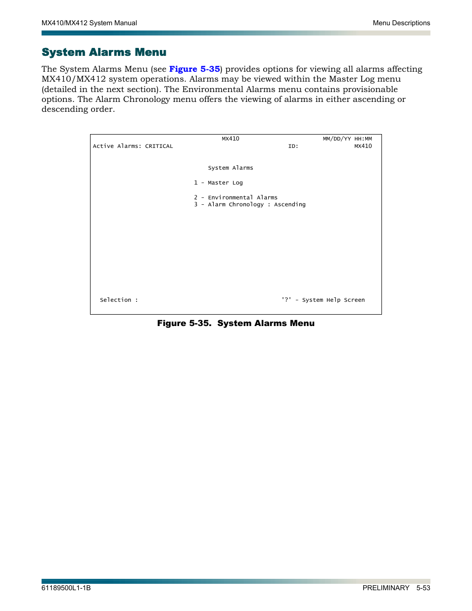 System alarms menu, System alarms menu -53, Figure 5-35. system alarms menu -51 | ADTRAN MX410 User Manual | Page 103 / 108