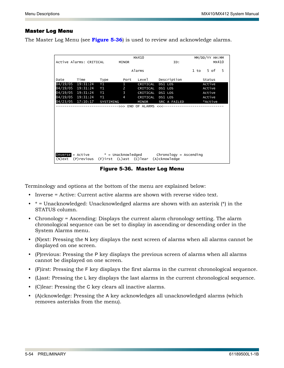 Master log menu, Master log menu -54, Figure 5-36. master log menu -52 | ADTRAN MX410 User Manual | Page 104 / 108