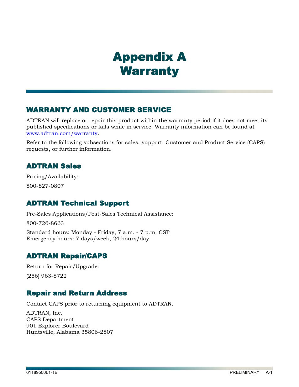 Appendix a, Warranty, Warranty and customer service | Adtran sales, Adtran technical support, Adtran repair/caps, Repair and return address, Appendix a warranty | ADTRAN MX410 User Manual | Page 107 / 108