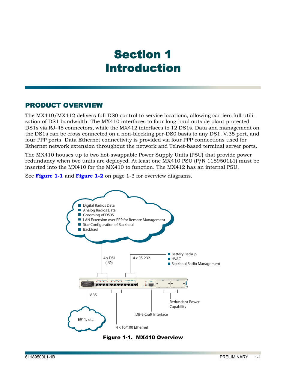 Introduction, Product overview, Section 1 introduction -1 | Product overview -1, Figure 1-1. mx410 overview -1 | ADTRAN MX410 User Manual | Page 13 / 108