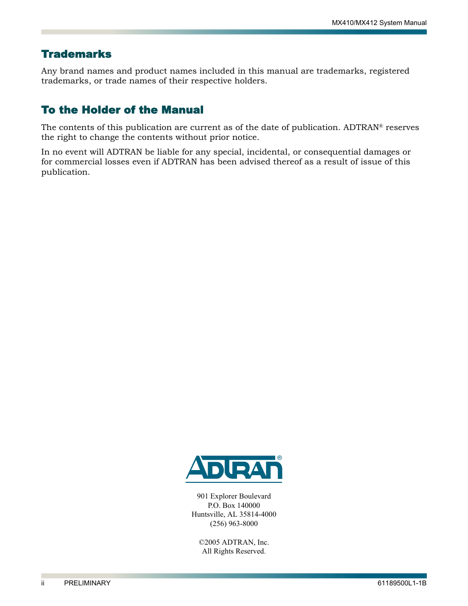 Front matter, Trademarks, To the holder of the manual | ADTRAN MX410 User Manual | Page 2 / 108