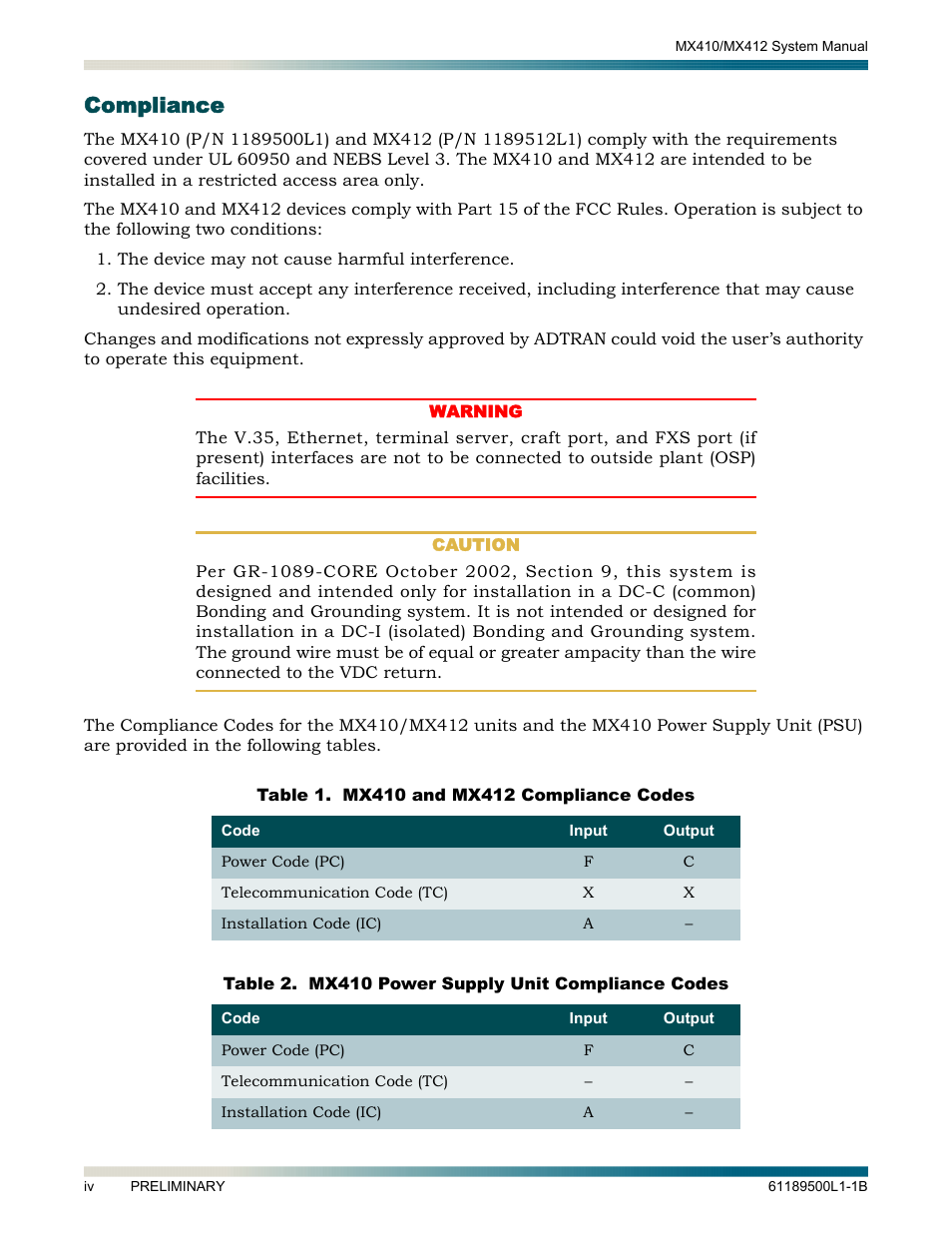 Compliance | ADTRAN MX410 User Manual | Page 4 / 108