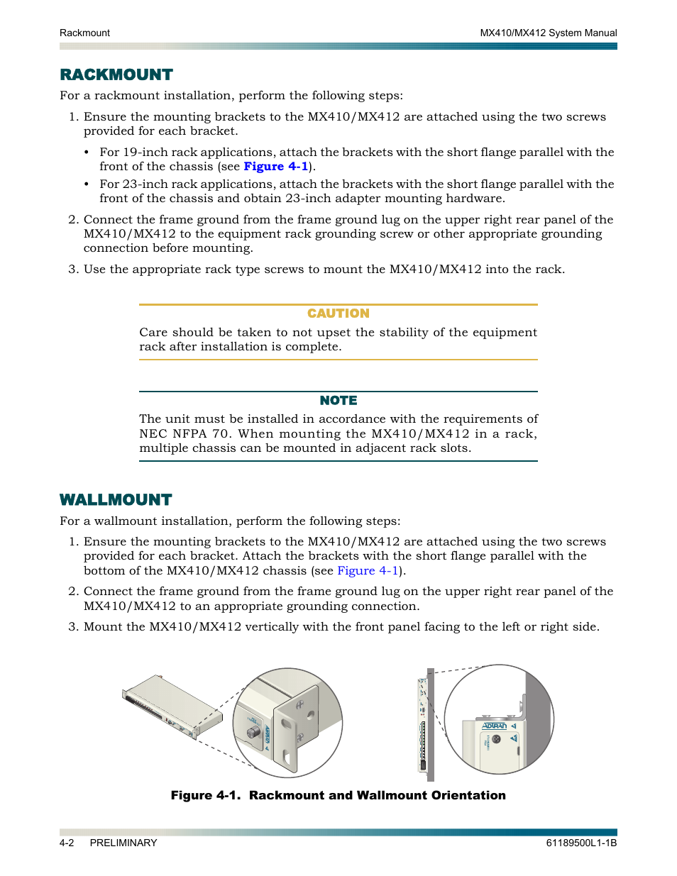 Rackmount, Wallmount, Rackmount -2 | Wallmount -2, Figure 4-1. rackmount and wallmount orientation -2 | ADTRAN MX410 User Manual | Page 40 / 108