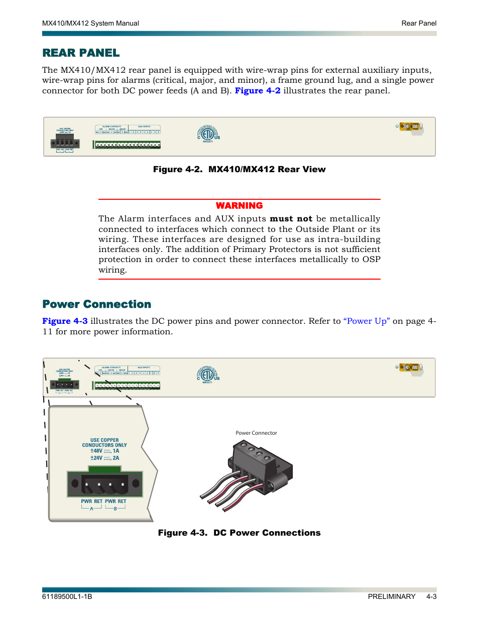 Rear panel, Power connection, Rear panel -3 | Power connection -3 | ADTRAN MX410 User Manual | Page 41 / 108