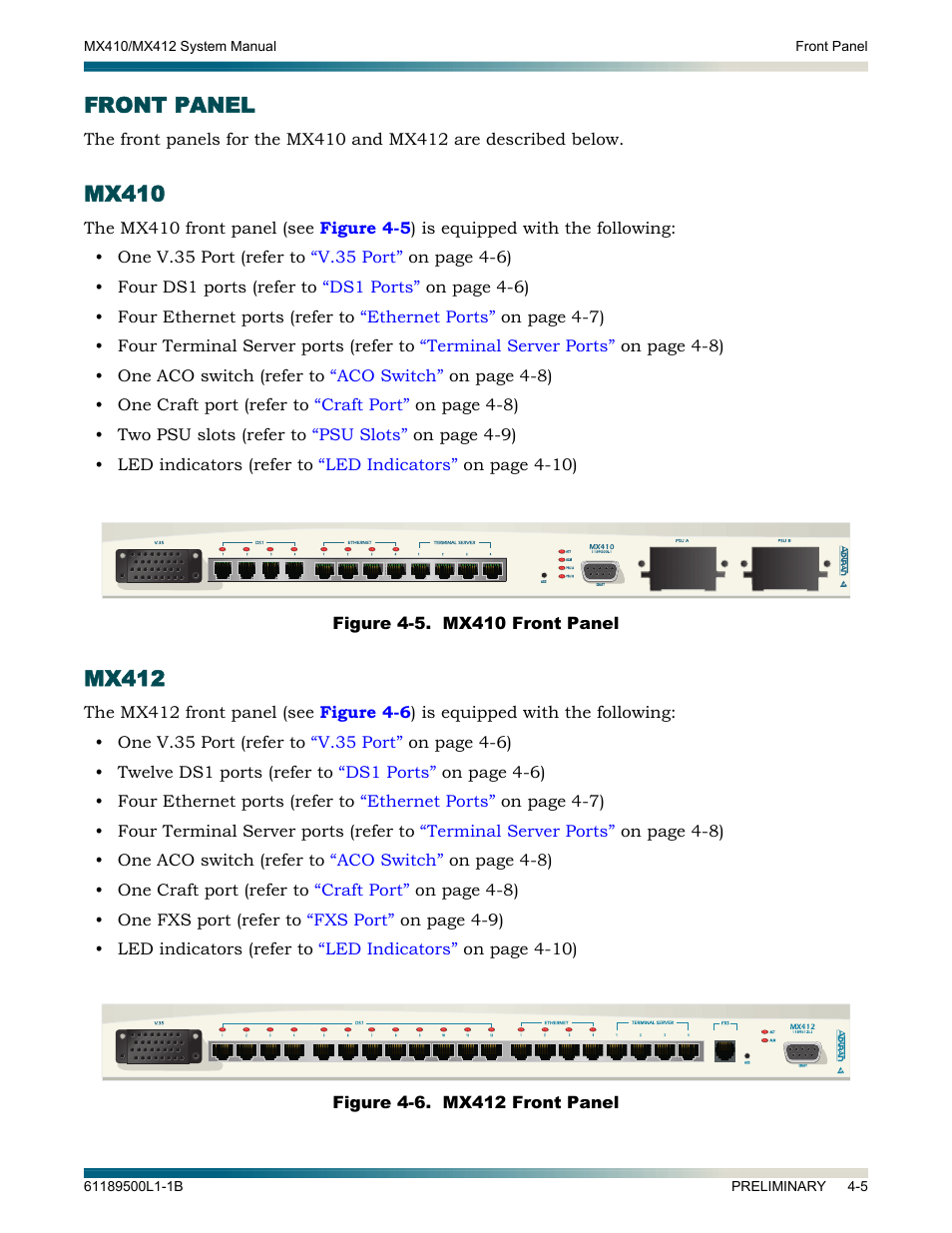 Front panel, Mx410, Mx412 | Front panel -5, Mx410 -5 mx412 -5 | ADTRAN MX410 User Manual | Page 43 / 108