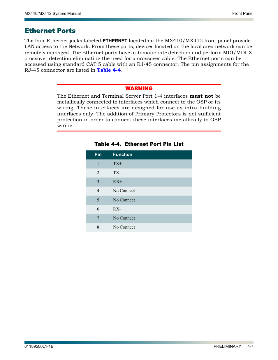 Ethernet ports, Ethernet ports -7, Table 4-4 | Ethernet port pin list -7 | ADTRAN MX410 User Manual | Page 45 / 108