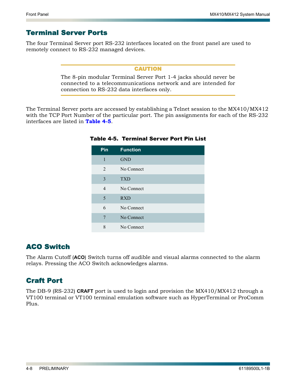 Terminal server ports, Aco switch, Craft port | Table 4-5, Terminal server port pin list -8, Terminal server port pin list in | ADTRAN MX410 User Manual | Page 46 / 108