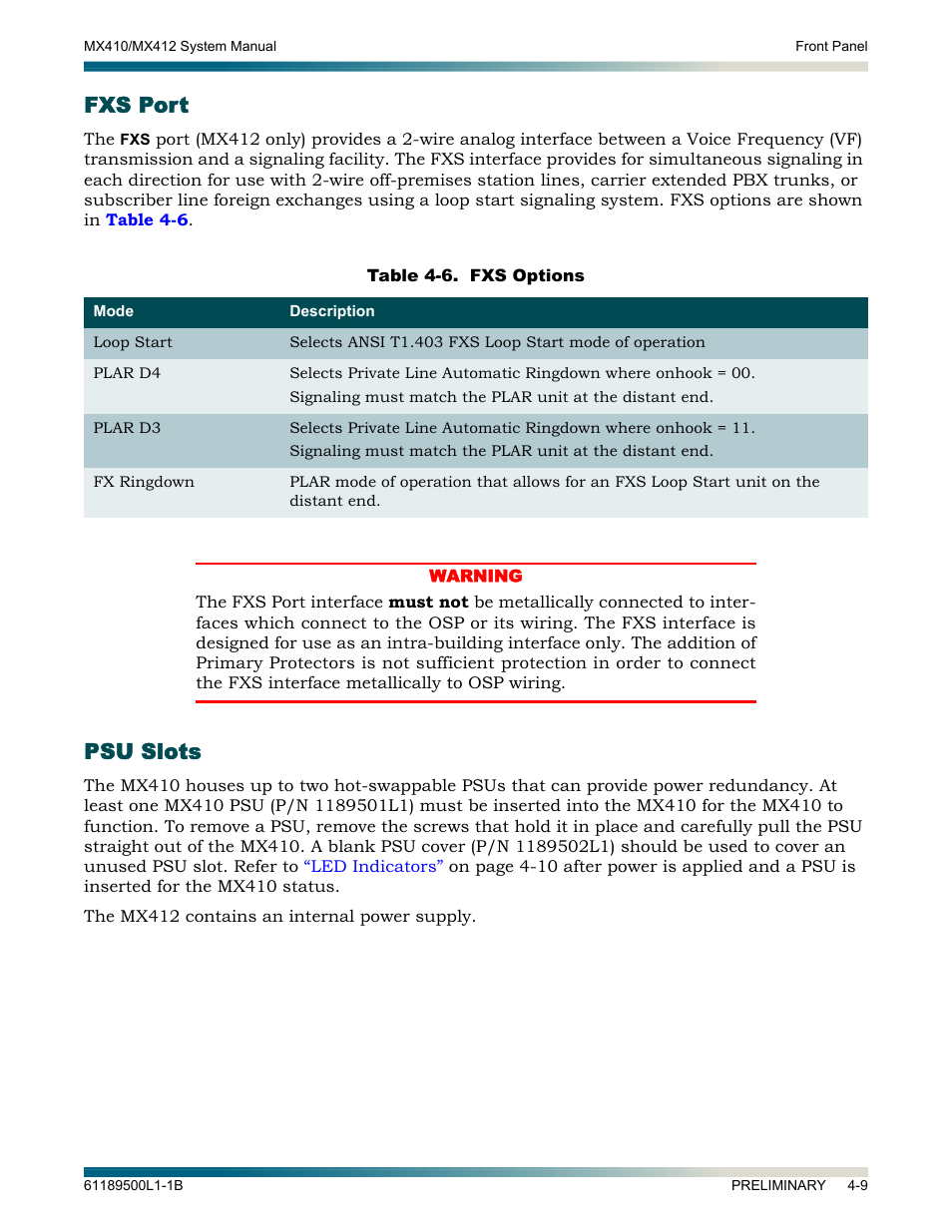 Fxs port, Psu slots, Fxs port -9 psu slots -9 | Table 4-6, Fxs options -9 | ADTRAN MX410 User Manual | Page 47 / 108