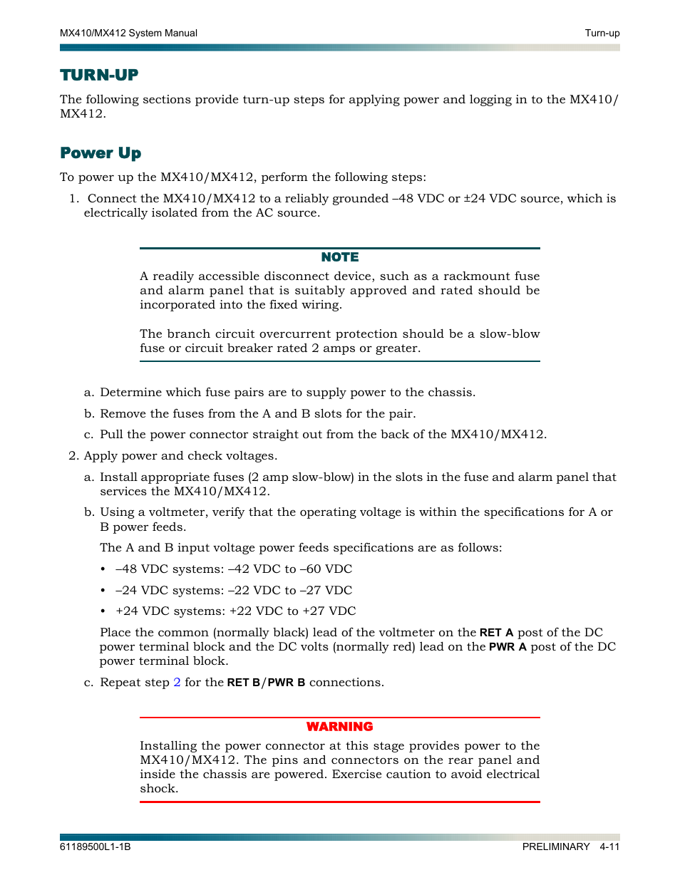 Turn-up, Power up, Turn-up -11 | Power up -11 | ADTRAN MX410 User Manual | Page 49 / 108