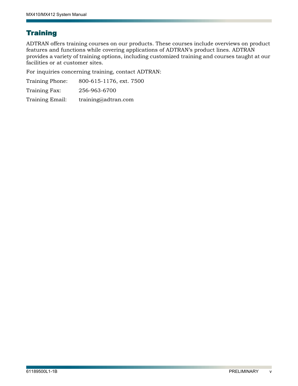 Training | ADTRAN MX410 User Manual | Page 5 / 108