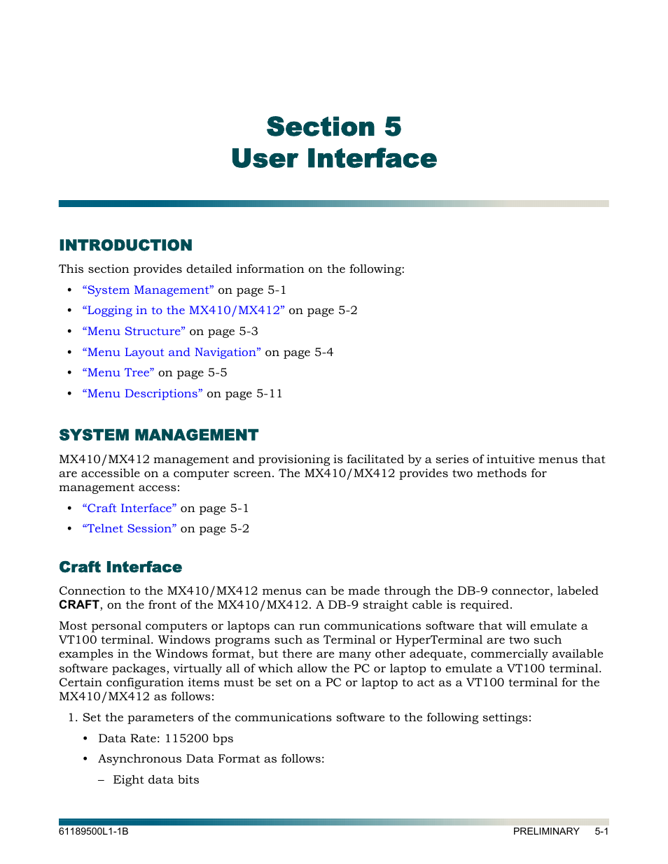 User interface, Introduction, System management | Craft interface, Section 5 user interface -1, Introduction -1, System management -1, Craft interface -1 | ADTRAN MX410 User Manual | Page 51 / 108