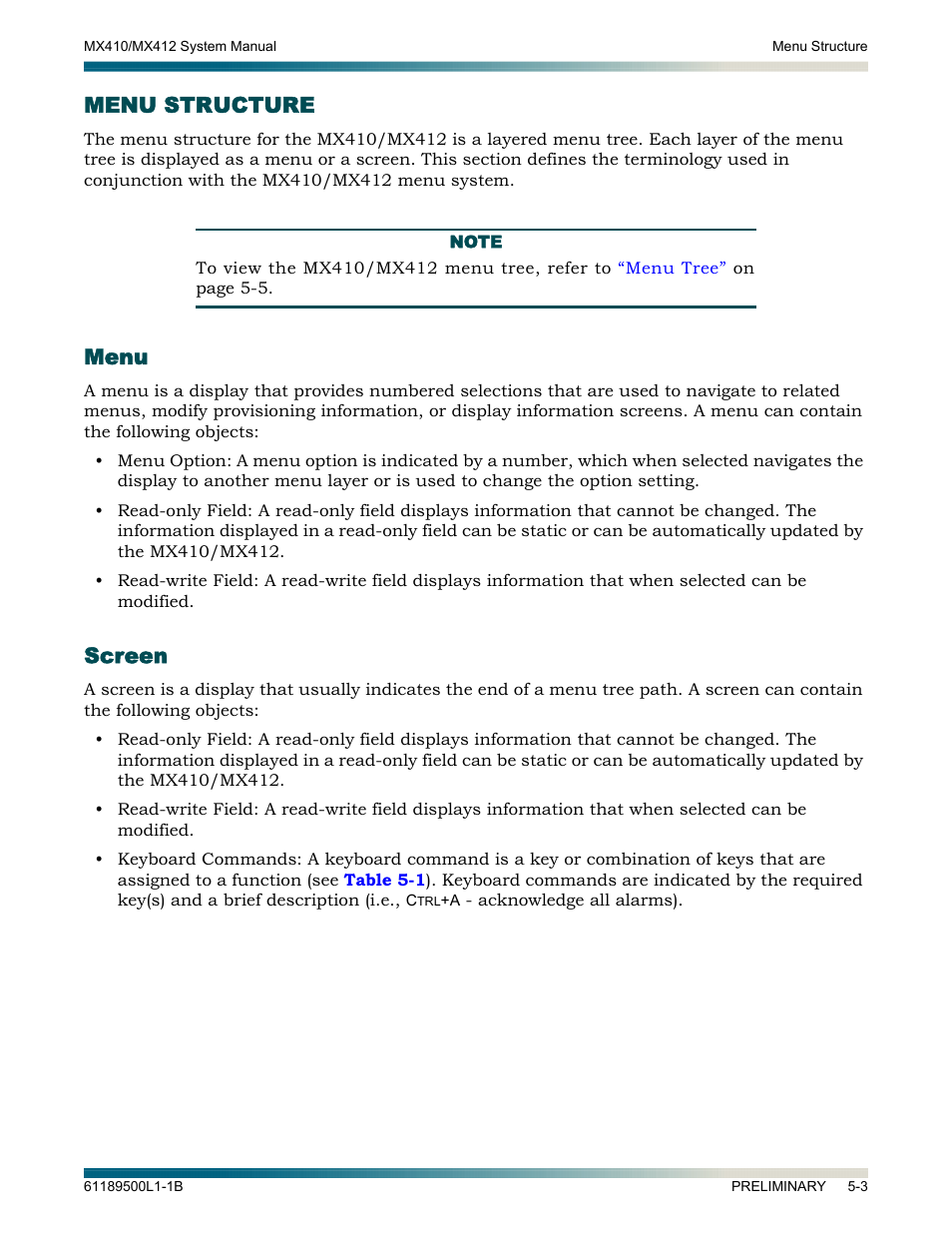 Menu structure, Menu, Screen | Menu structure -3, Menu -3 screen -3 | ADTRAN MX410 User Manual | Page 53 / 108