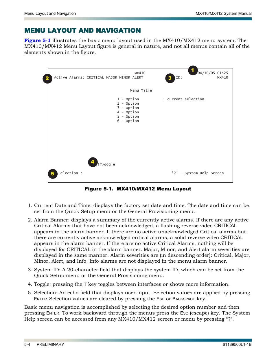 Menu layout and navigation, Menu layout and navigation -4, Figure 5-1. mx410/mx412 menu layout -4 | ADTRAN MX410 User Manual | Page 54 / 108