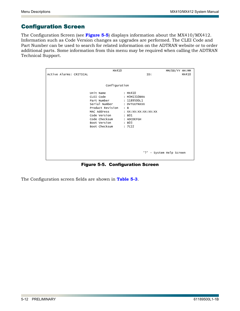 Configuration screen, Configuration screen -12, Figure 5-5. configuration screen -12 | ADTRAN MX410 User Manual | Page 62 / 108