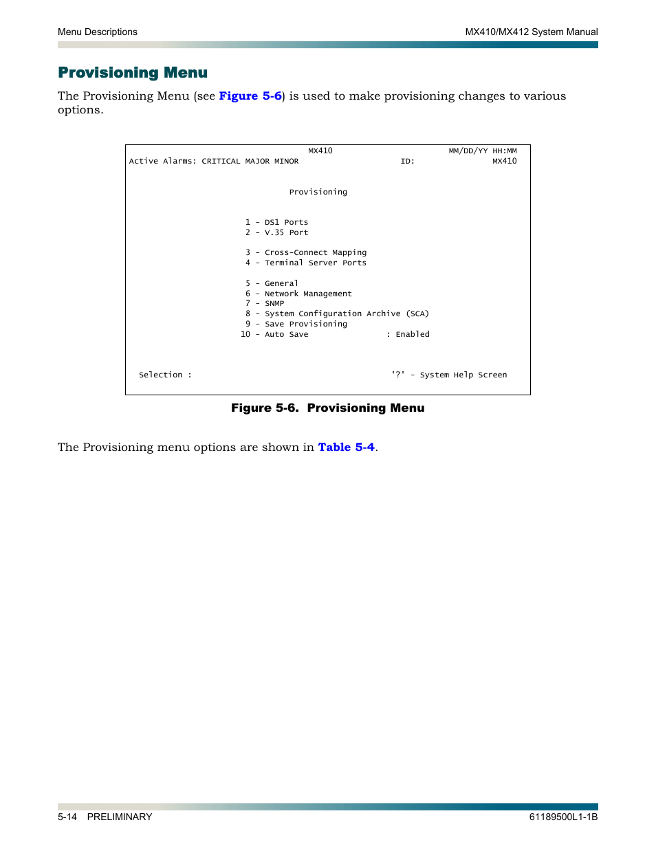 Provisioning menu, Provisioning menu -14, Figure 5-6. provisioning menu -14 | ADTRAN MX410 User Manual | Page 64 / 108