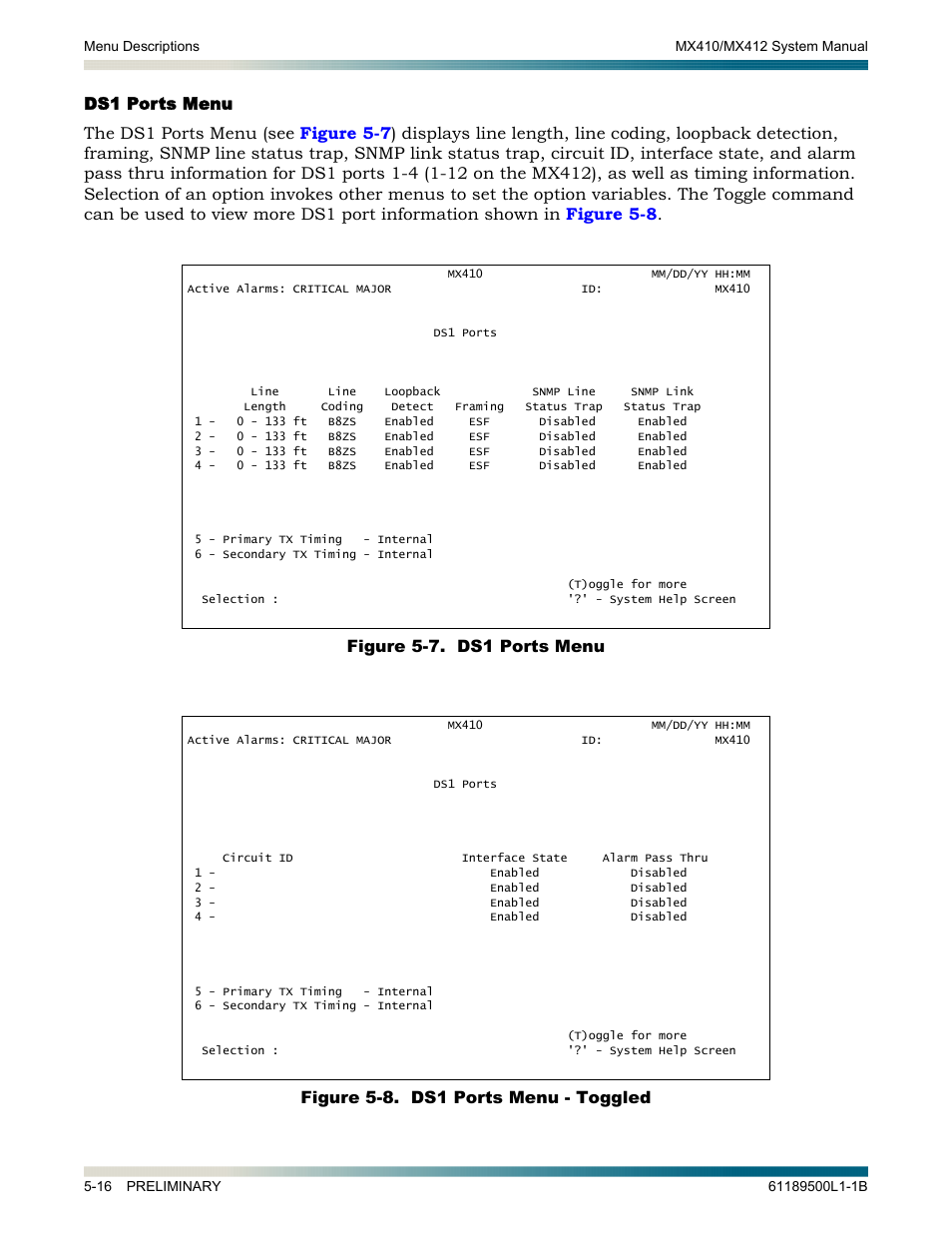 Ds1 ports menu, Ds1 ports menu -16 | ADTRAN MX410 User Manual | Page 66 / 108