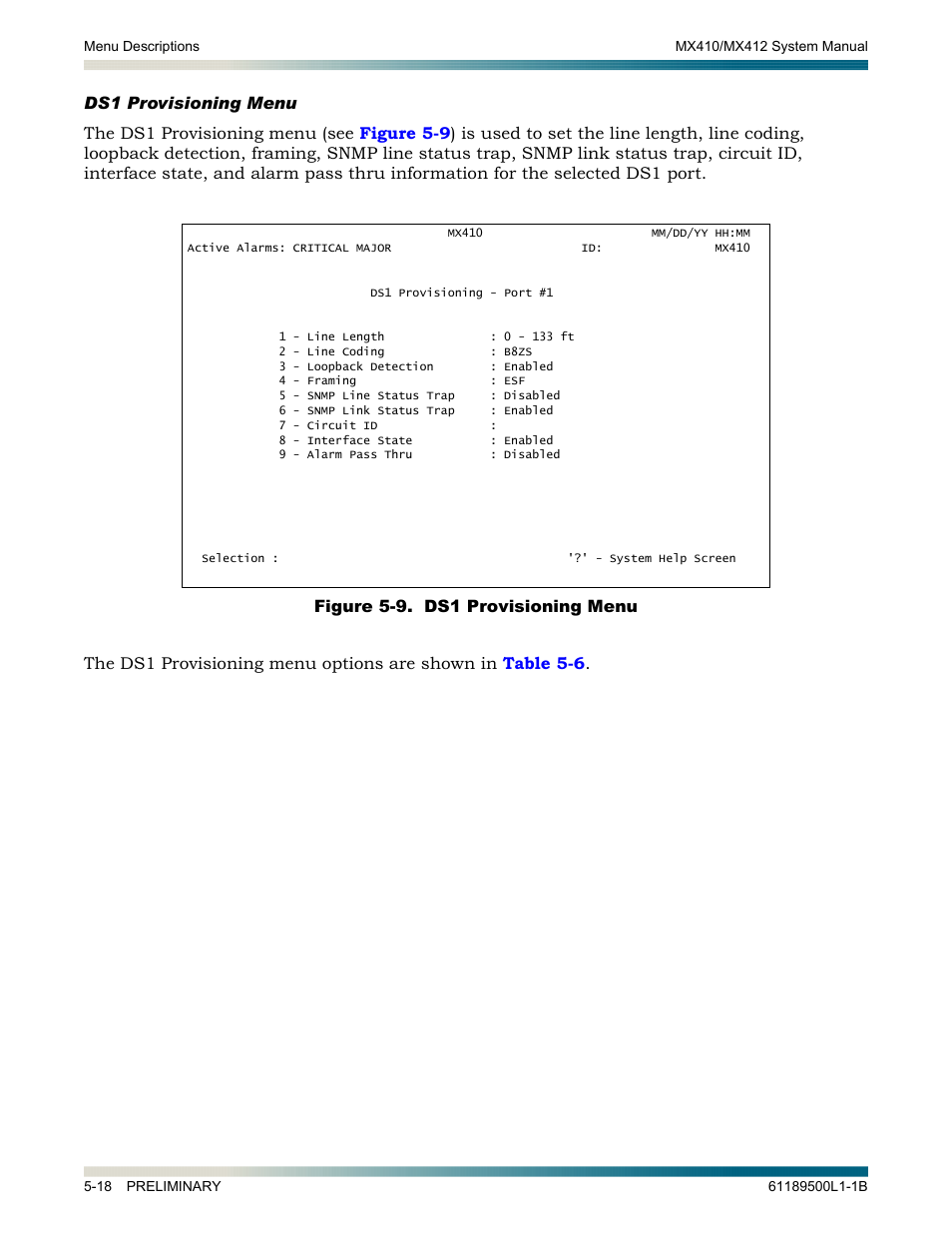 Ds1 provisioning menu, Ds1 provisioning menu -18, Figure 5-9. ds1 provisioning menu -18 | ADTRAN MX410 User Manual | Page 68 / 108