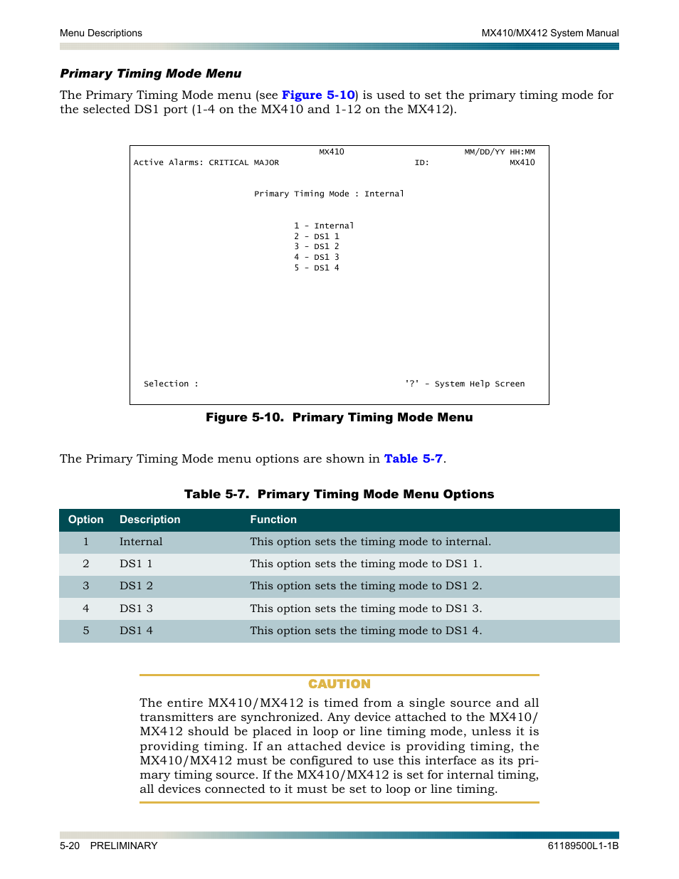 Primary timing mode menu, Primary timing mode menu -20, Figure 5-10. primary timing mode menu -21 | Table 5-7, Primary timing mode menu options -21, On displays the | ADTRAN MX410 User Manual | Page 70 / 108