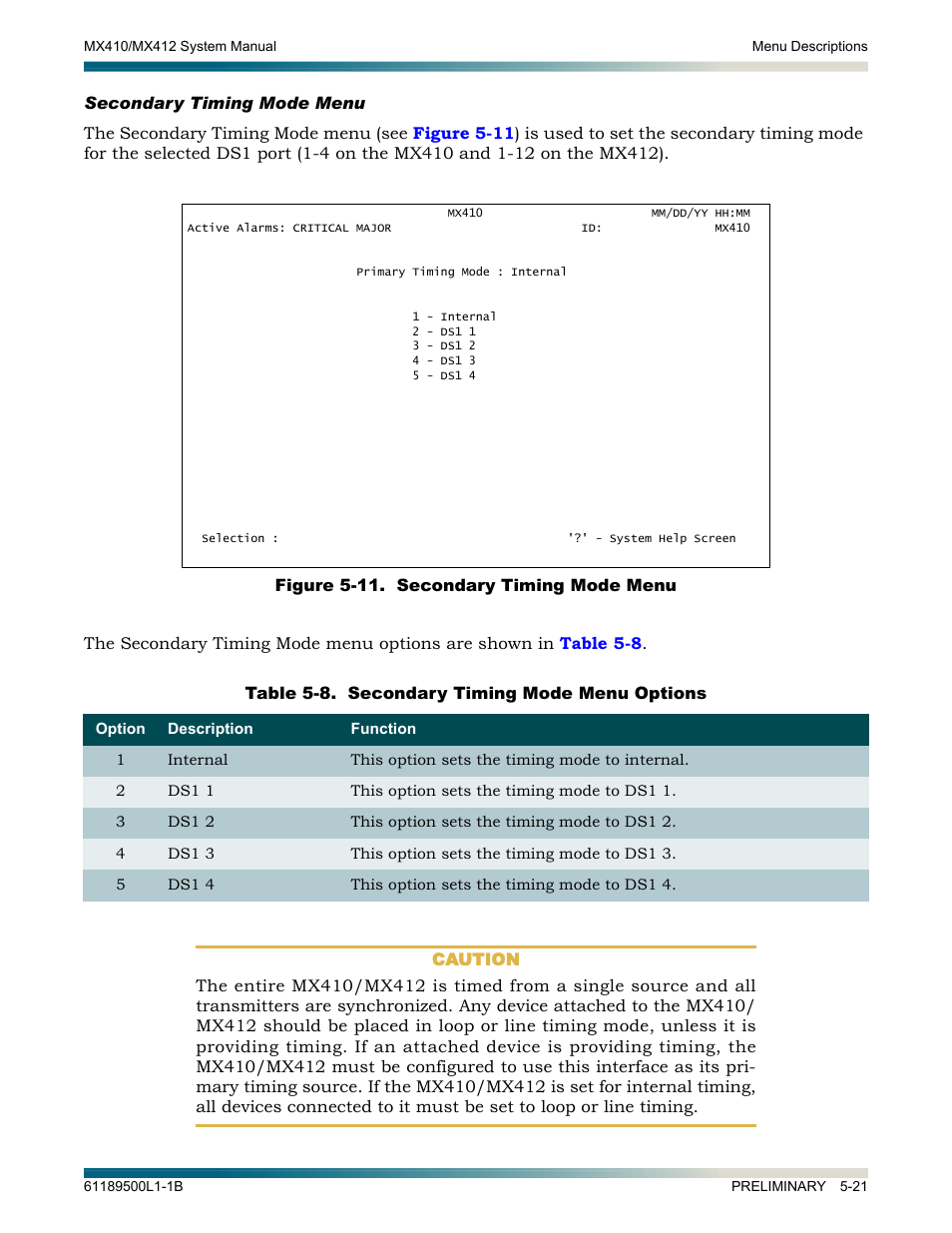 Secondary timing mode menu, Secondary timing mode menu -21, Figure 5-11. secondary timing mode menu -22 | Table 5-8, Secondary timing mode menu options -22 | ADTRAN MX410 User Manual | Page 71 / 108