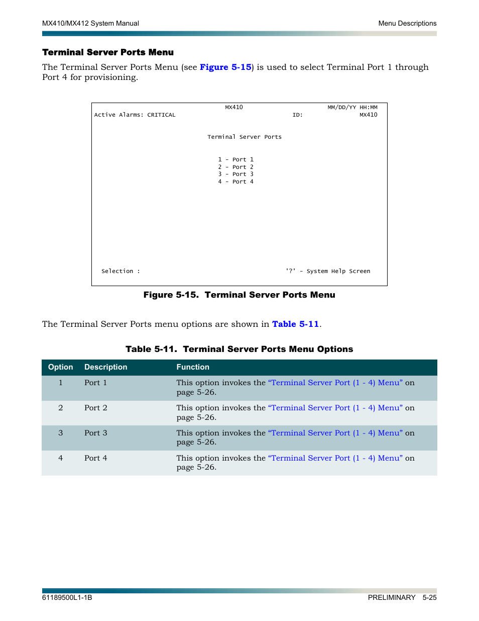 Terminal server ports menu, Terminal server ports menu -25, Figure 5-15. terminal server ports menu -27 | ADTRAN MX410 User Manual | Page 75 / 108