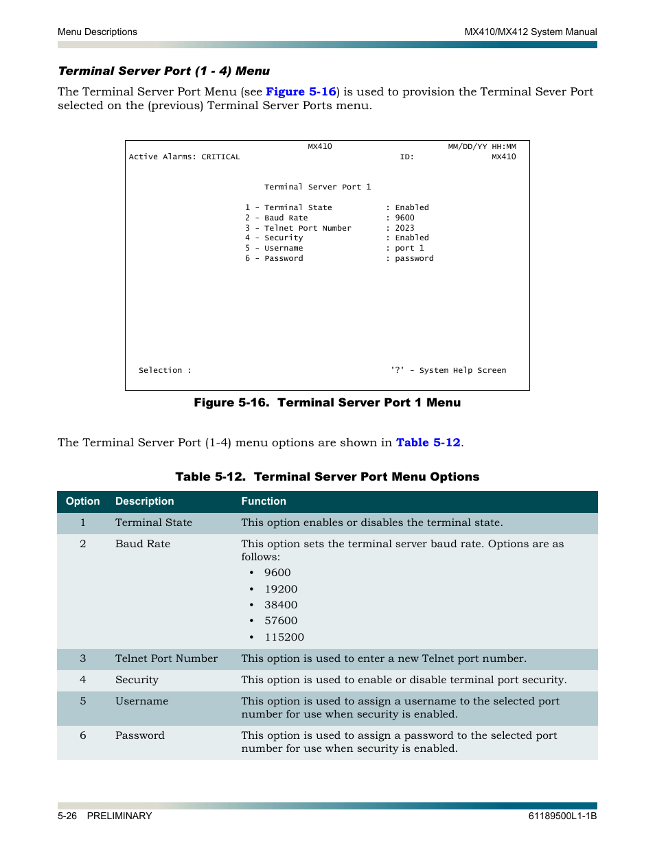 Terminal server port (1 - 4) menu, Terminal server port (1 - 4) menu -26, Figure 5-16. terminal server port 1 menu -28 | Invokes the | ADTRAN MX410 User Manual | Page 76 / 108