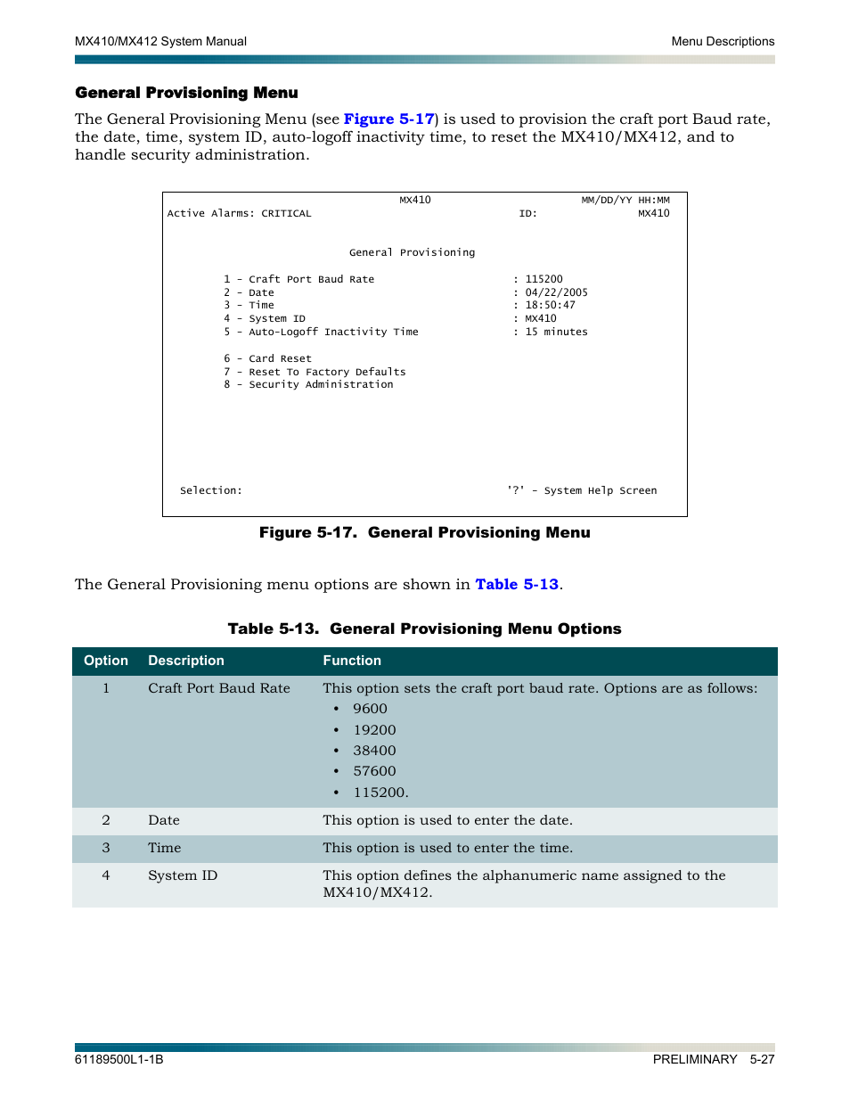 General provisioning menu, General provisioning menu -27, Figure 5-17. general provisioning menu -29 | ADTRAN MX410 User Manual | Page 77 / 108