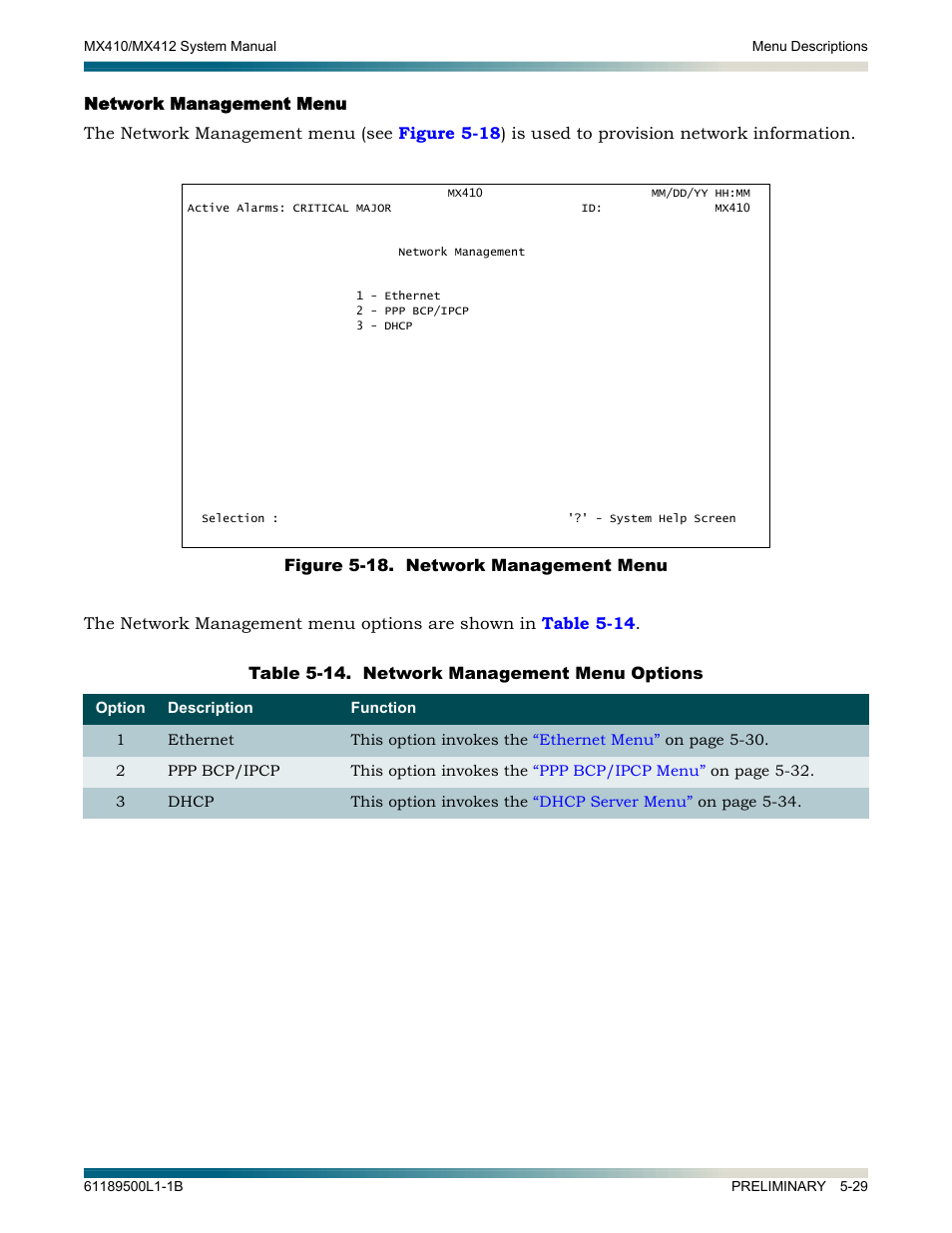 Network management menu, Network management menu -29, Figure 5-18. network management menu -31 | ADTRAN MX410 User Manual | Page 79 / 108