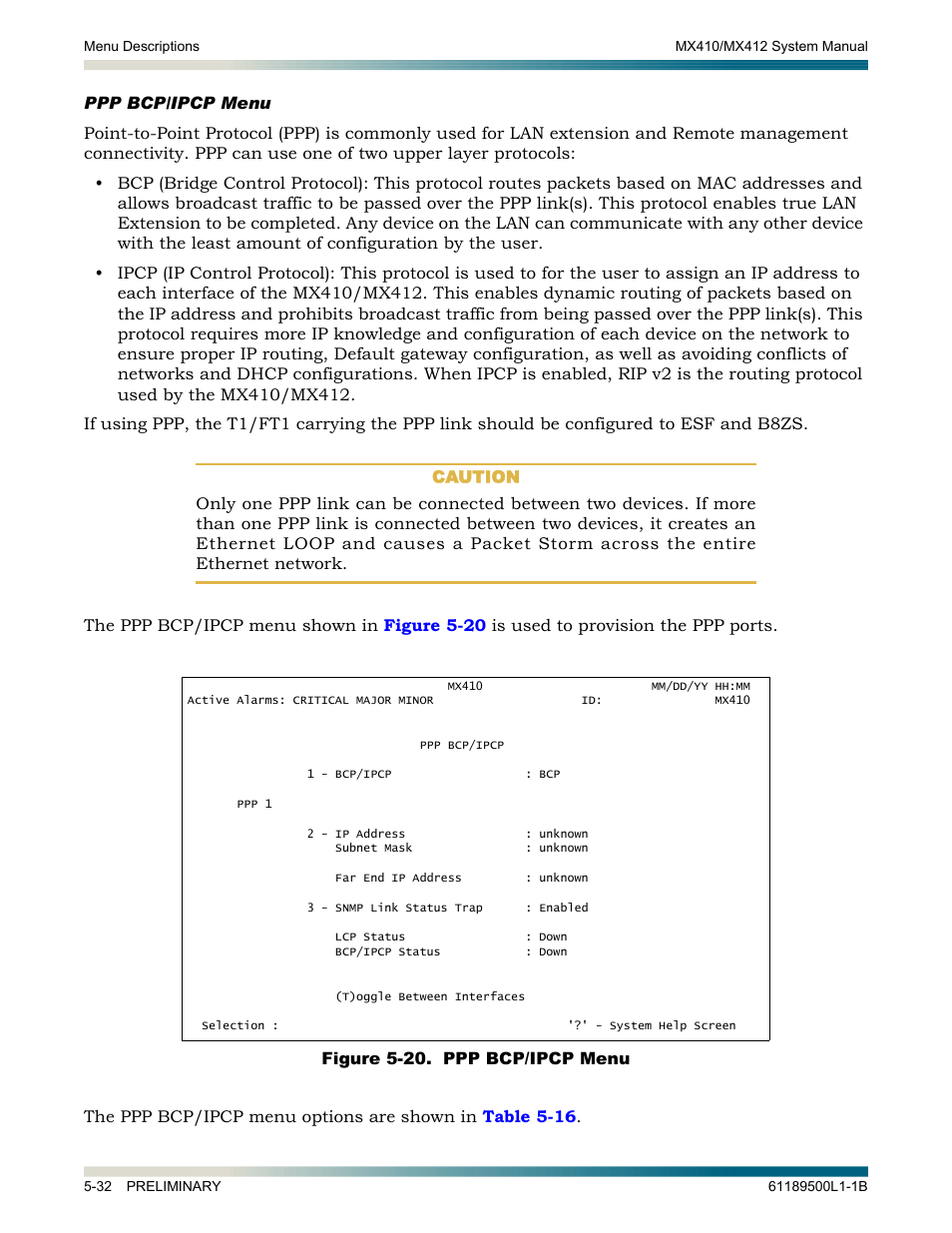 Ppp bcp/ipcp menu, Ppp bcp/ipcp menu -32, Figure 5-20. ppp bcp/ipcp menu -34 | Ppp bcp/ipcp, Menu, Invokes the | ADTRAN MX410 User Manual | Page 82 / 108