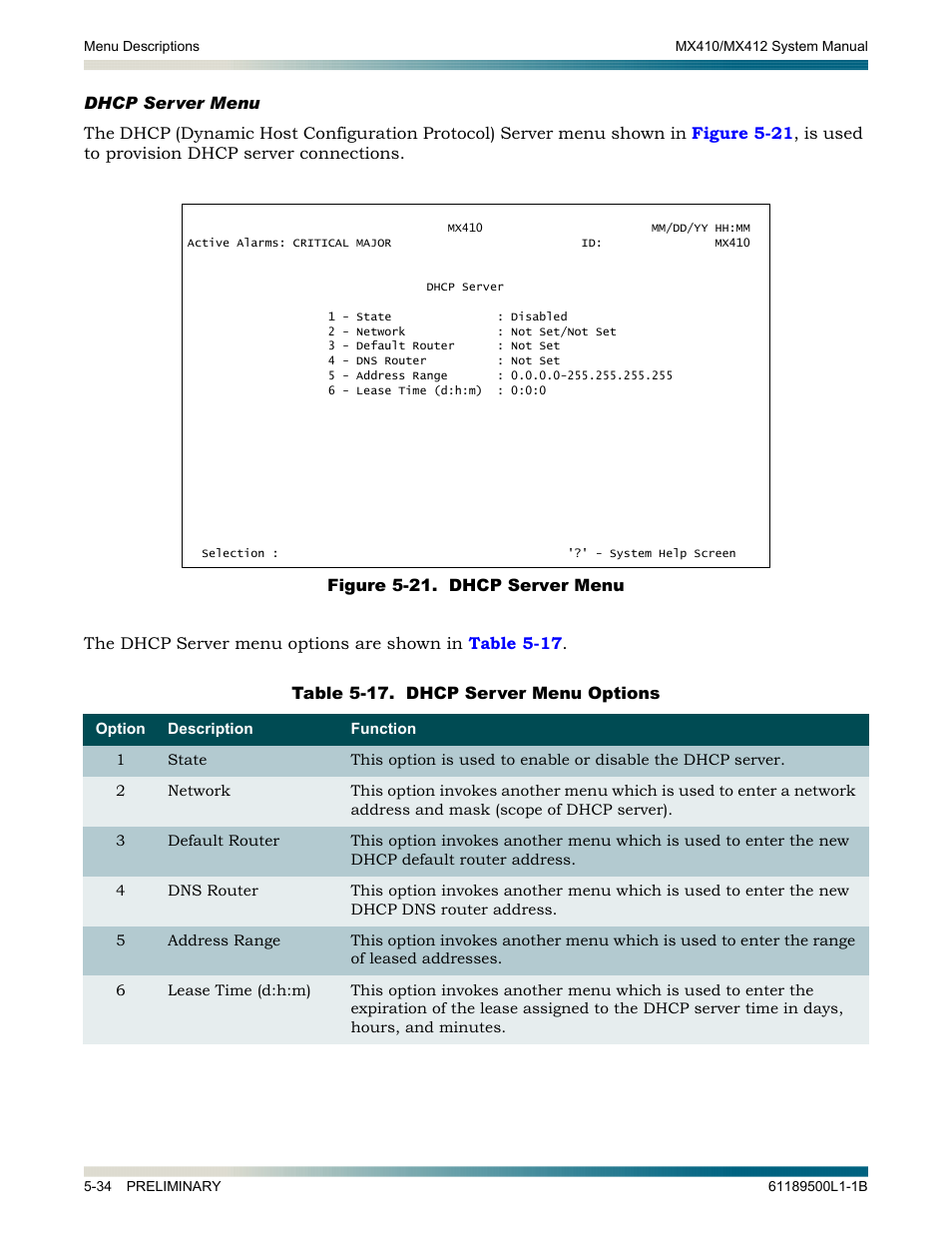 Dhcp server menu, Dhcp server menu -34, Figure 5-21. dhcp server menu -35 | Invokes the | ADTRAN MX410 User Manual | Page 84 / 108