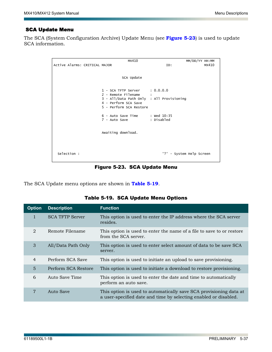 Sca update menu, Sca update menu -37, Figure 5-23. sca update menu -37 | ADTRAN MX410 User Manual | Page 87 / 108