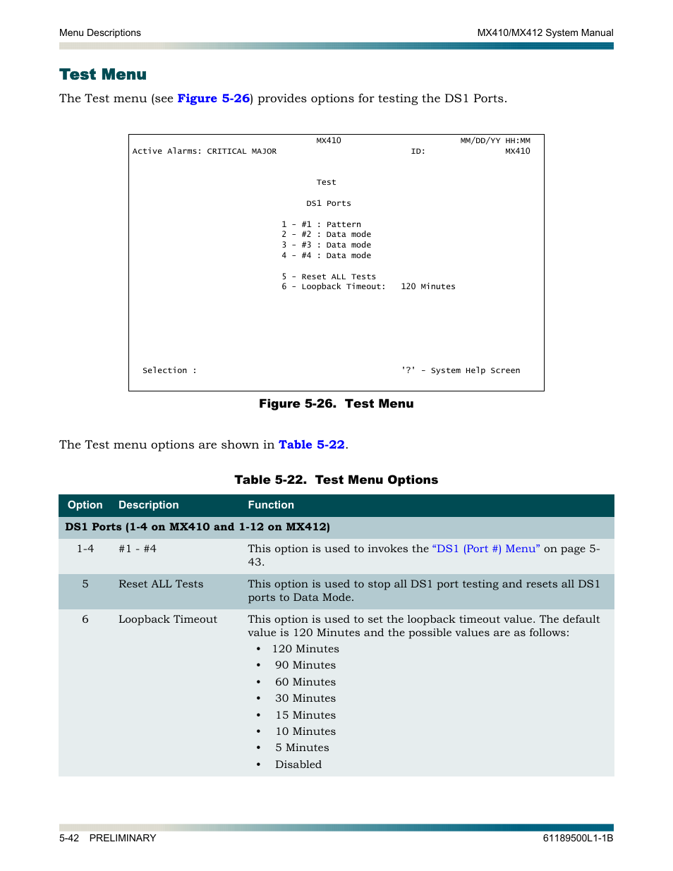 Test menu, Test menu -42, Figure 5-26. test menu -42 | ADTRAN MX410 User Manual | Page 92 / 108