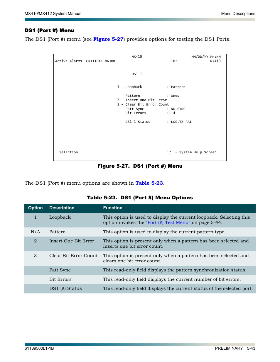 Ds1 (port #) menu, Ds1 (port #) menu -43, Figure 5-27. ds1 (port #) menu -43 | ADTRAN MX410 User Manual | Page 93 / 108