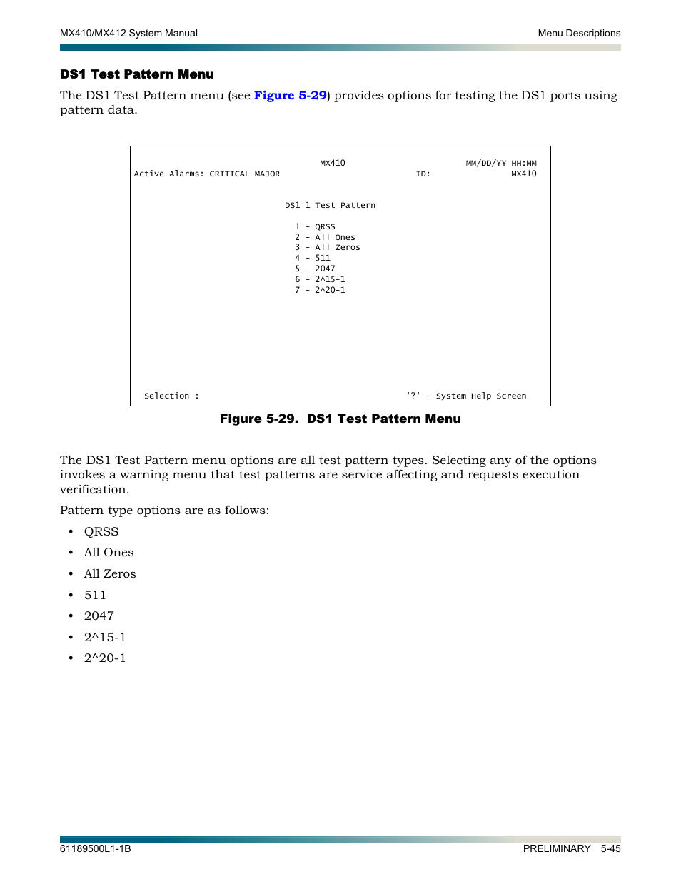Ds1 test pattern menu, Ds1 test pattern menu -45, Figure 5-29. ds1 test pattern menu -45 | ADTRAN MX410 User Manual | Page 95 / 108