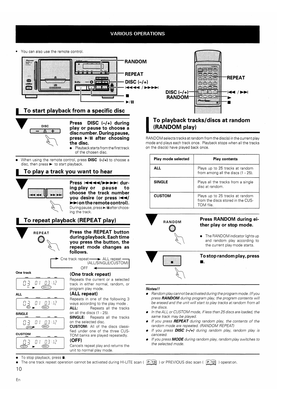 Disc (-/+) !◄◄◄◄ / ►►►►), I to start playback from a specific disc, I to play a track you want to hear | I to repeat playback (repeat play), To playback tracks/discs at random (random play), To playback tracks/discs at random | Pioneer PD-F706 User Manual | Page 10 / 16