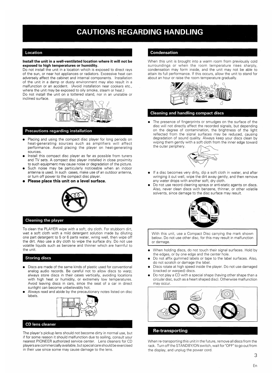 Condensation, Precautions regarding installation, Cleaning the player | Storing discs, Cleaning and handling compact discs, Re-transporting, Cautions regarding handling | Pioneer PD-F706 User Manual | Page 3 / 16