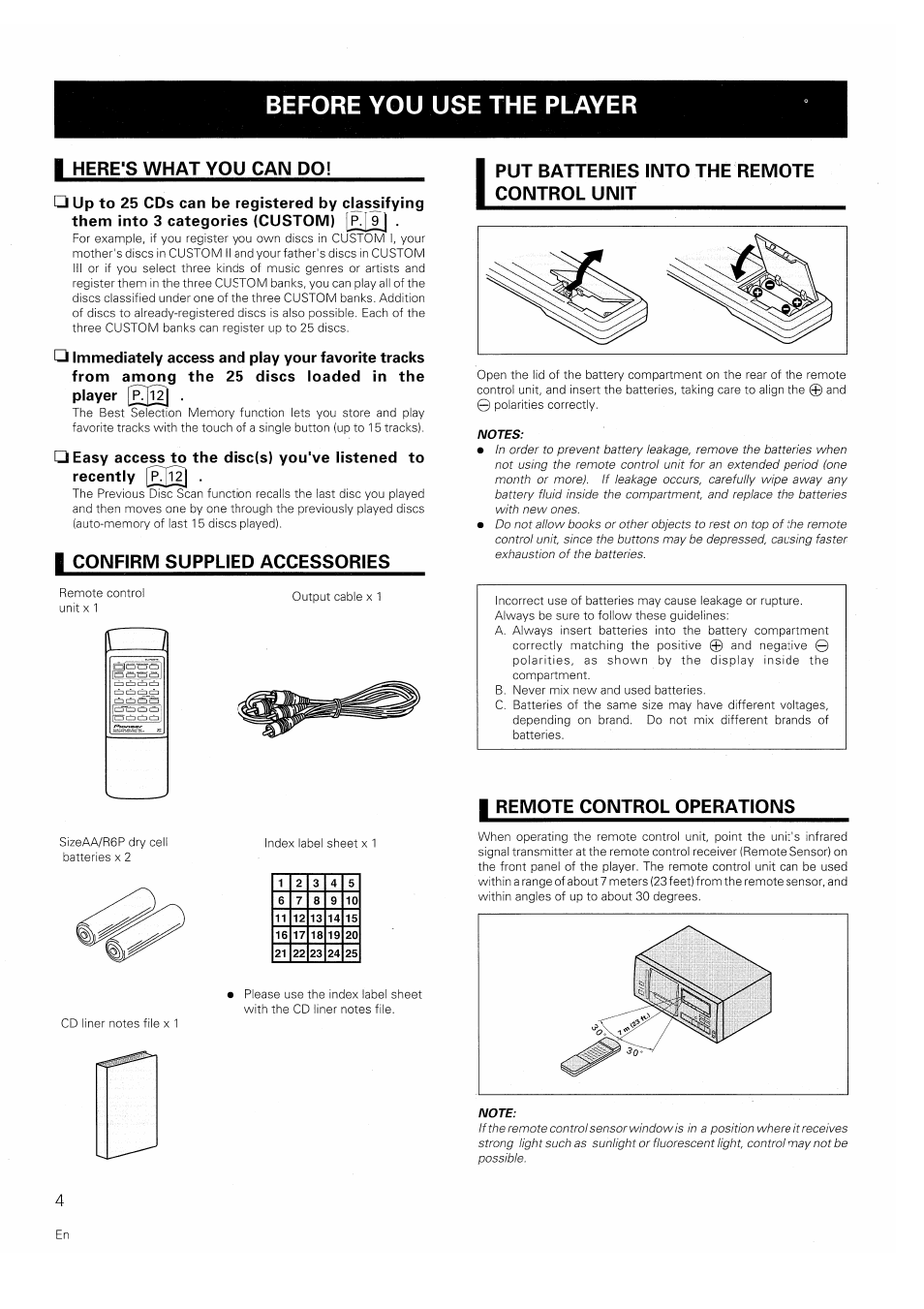 I here's what you can do, I confirm supplied accessories, Put batteries into the remote control unit | I remote control operations, Before you use the player, Here's what you can do, Confirm supplied accessories, Remote control operations | Pioneer PD-F706 User Manual | Page 4 / 16