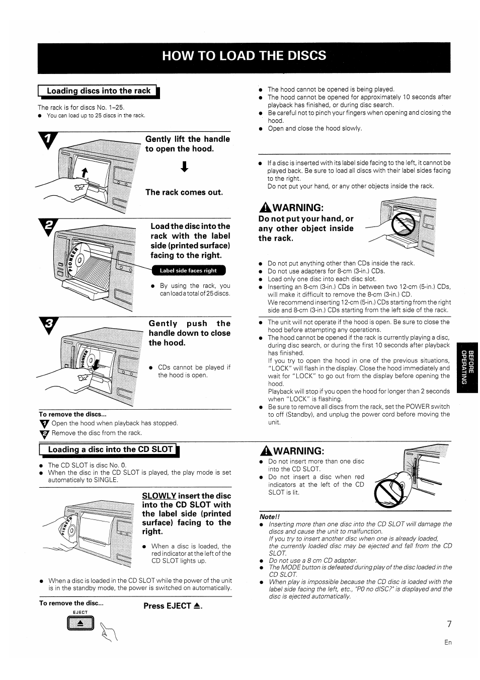 How to load the discs, Arning, Loadin^^^is^nt^h^cd^lotj | Pioneer PD-F706 User Manual | Page 7 / 16