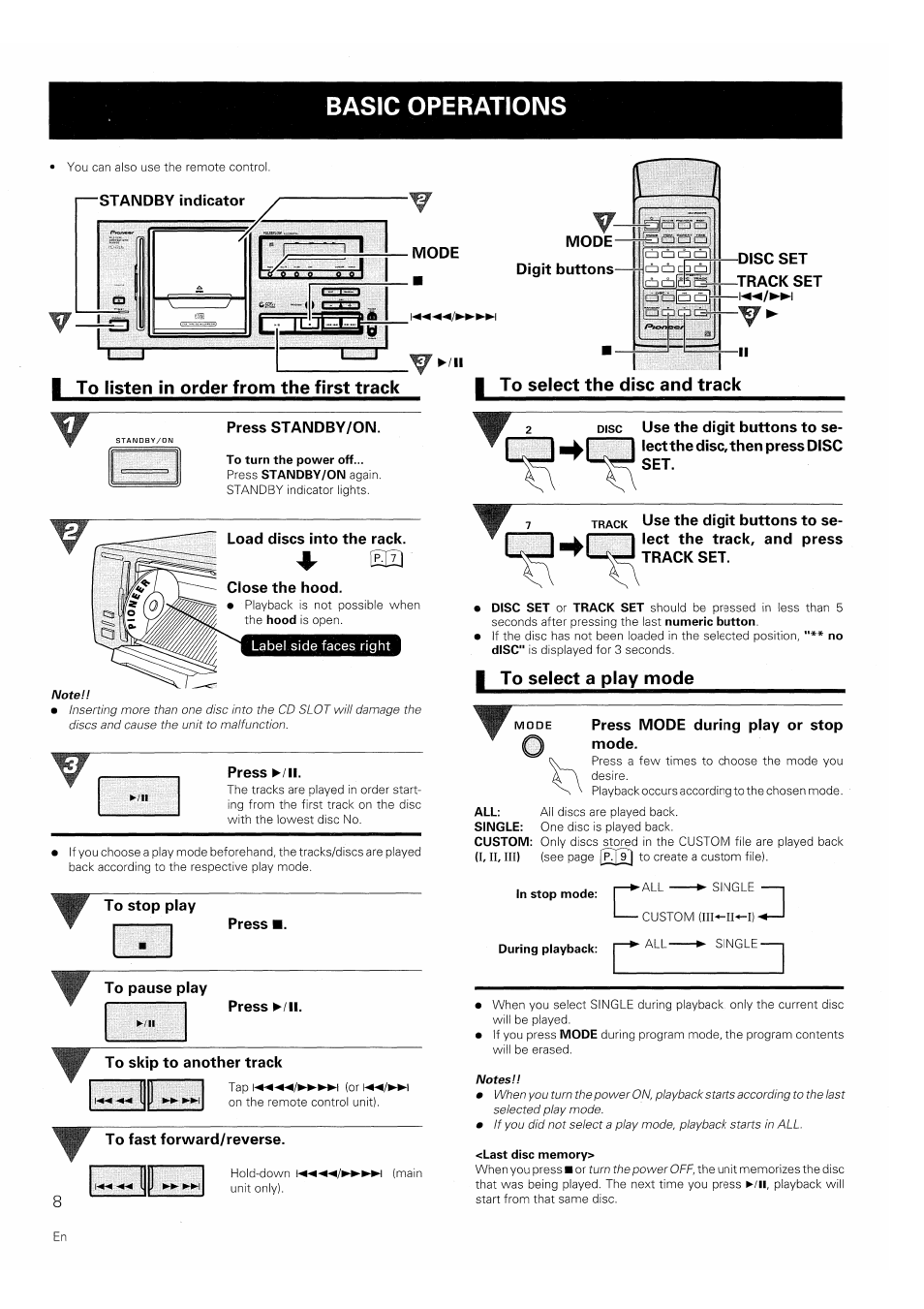 I to listen in order from the first track, To select the disc and track, I to select a play mode | Illiblifjflmbffil, Basic operations | Pioneer PD-F706 User Manual | Page 8 / 16