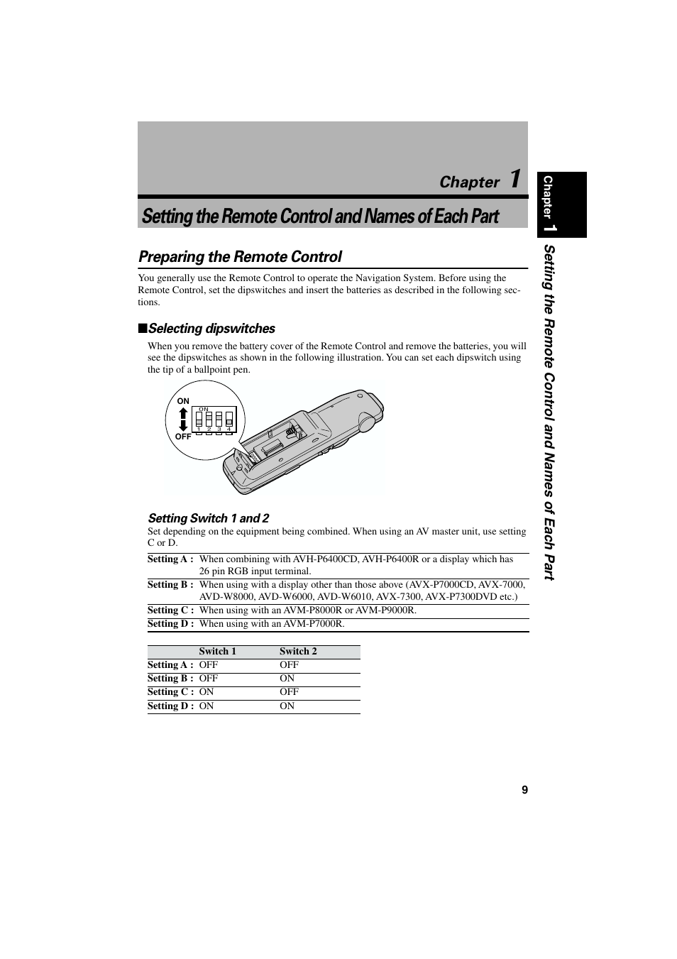 Preparing the remote control, Selecting dipswitches, Setting the remote control and names of each part | Chapter | Pioneer AVIC-85DHV-2 User Manual | Page 11 / 56