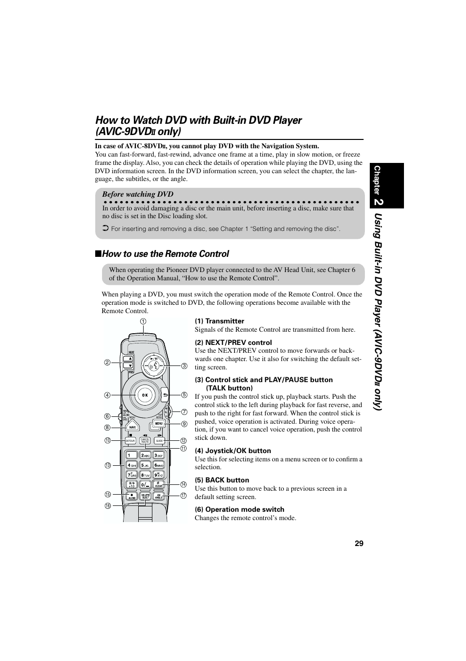 How to use the remote control, P. 29-p, Only) | Using built-in d vd pla y er (a vic-9d vd, Onl y) | Pioneer AVIC-85DHV-2 User Manual | Page 31 / 56